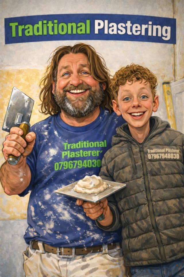 Steve Bradley of Traditional Plastering with his son, on site with plastering tools